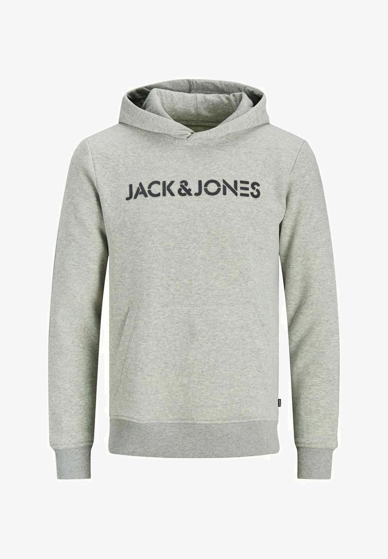 Felpa grigia con cappuccio in misto cotone, dotata di tasca kangaroo frontale e stampa nera "JACK & JONES" sul petto. Polsi e orlo ribattuti.