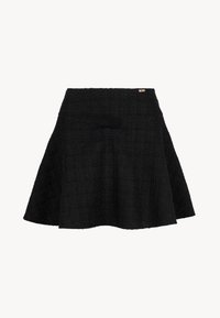 Zwarte fluïde rok van textuurgeweven stof met een aansluitende tailleband. Voorzien van een verborgen rits aan de achterkant en een klein logo-accent.