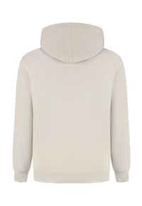 Beige Kapuzensweatshirt, von hinten gezeigt, mit langen Ärmeln und gerippten Bündchen sowie Saum.
