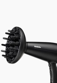 Black BaByliss hair dryer with diffuser attachment and control buttons on handle against white background.