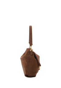 Brown suede handbag with a rounded shape, short handle, gold hardware accents, and a flap closure. Soft texture, minimalistic design.