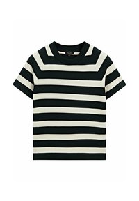 Short-sleeve knitted top featuring wide black and cream horizontal stripes, round neckline, and ribbed texture.