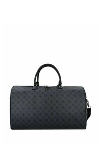 Sac de voyage noir à motif, de forme arrondie, en matériau texturé, avec deux poignées, une bandoulière amovible et un logo en relief à l'avant.