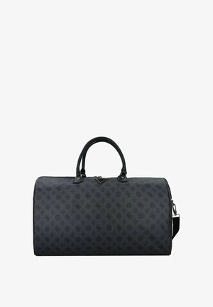 Bolsa de viaje de color negro con patrón, forma redondeada, material texturizado, asas dobles, correa desmontable y detalle de logo en relieve en la parte frontal.