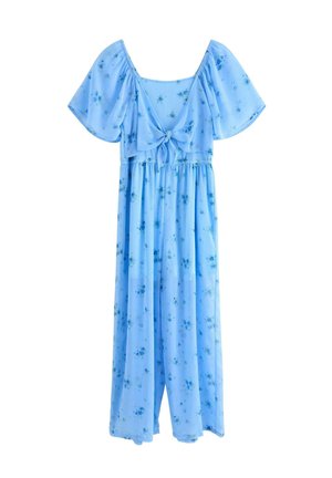 Lyseblå maxikjole med blomsterprint, korte pufærmer, firkantet halsudskæring og bindedetalje foran i taljen.