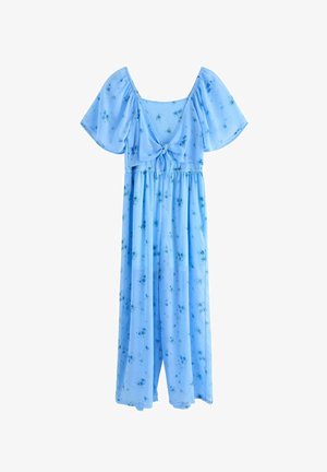 Vaaleansininen kukallinen maksi mekko, jossa on lyhyet liehukevyet hihat, neliömäinen pääntie ja etuosan solmittava yksityiskohta vyötäröllä.