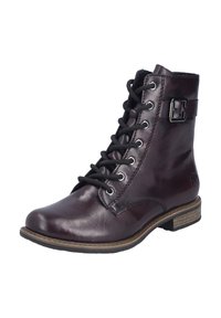 Botte cheville en cuir marron foncé à lacets avec boucle latérale et petit talon empilé sur fond blanc.