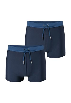 Dos pares de bañadores azul marino con una cinturilla azul más clara y cordones ajustables.