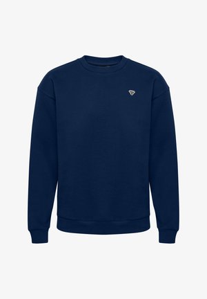 Granatowy sweatshirt z materiału bawełnianego. Posiada klasyczny okrągły dekolt, ściągacze przy mankietach i dolnym brzegu oraz małe haftowane logo na piersi.