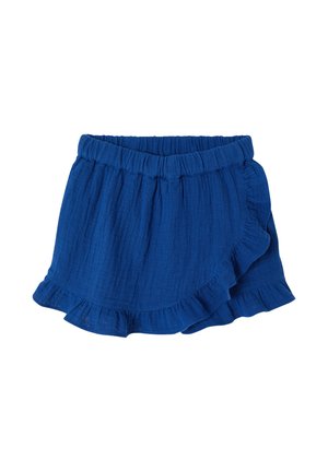 Blaue elastische Taillen-Hose für Kleinkinder mit Rüschensaum und Wickeloptik vorne, aus weichem, strukturiertem Stoff.