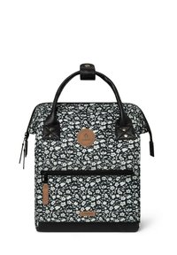 Black floral patterned backpack with leather accents, top handle, and front zipper pocket. Features a round logo patch on the front.