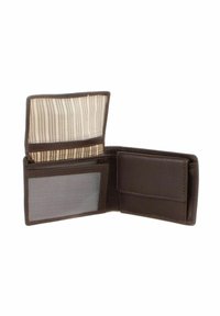 Portefeuille en cuir marron avec un intérieur en tissu rayé, un emplacement transparent pour la carte d'identité et une poche séparée pour les cartes. Conception compacte et rectangulaire.