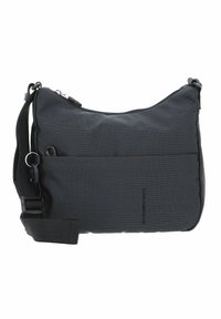 Schwarze Stoff-Crossbody-Tasche mit strukturierter Oberfläche, Reißverschluss, verstellbarem Riemen und vorderer Tasche für zusätzlichen Stauraum.