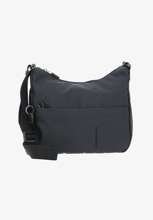 Schwarze Stoff-Crossbody-Tasche mit strukturierter Oberfläche, Reißverschluss, verstellbarem Riemen und vorderer Tasche für zusätzlichen Stauraum.