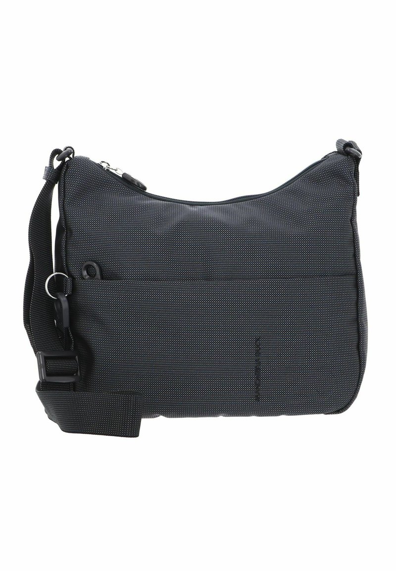 Schwarze Stoff-Crossbody-Tasche mit strukturierter Oberfläche, Reißverschluss, verstellbarem Riemen und vorderer Tasche für zusätzlichen Stauraum.