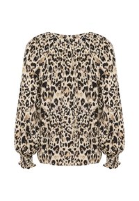 Blouse à imprimé léopard en tissu doux, avec un col froncé et des manches bouffantes à volants. Les couleurs incluent beige, noir et marron.