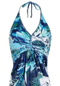 Halterneck-Badeanzugkleid im Blau- und Grünton mit Wirbelmuster. Hergestellt aus leichtem Stoff, mit gerafftem Detail in der Taille und geflochtenen Trägern.