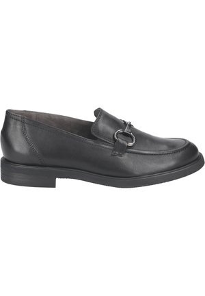Schwarze Leder-Loafer mit abgerundeter Zehenpartie, dekorativem Ringbeschlag und einem niedrigen, stabilen Absatz. Glatte Textur mit Steppnähten.