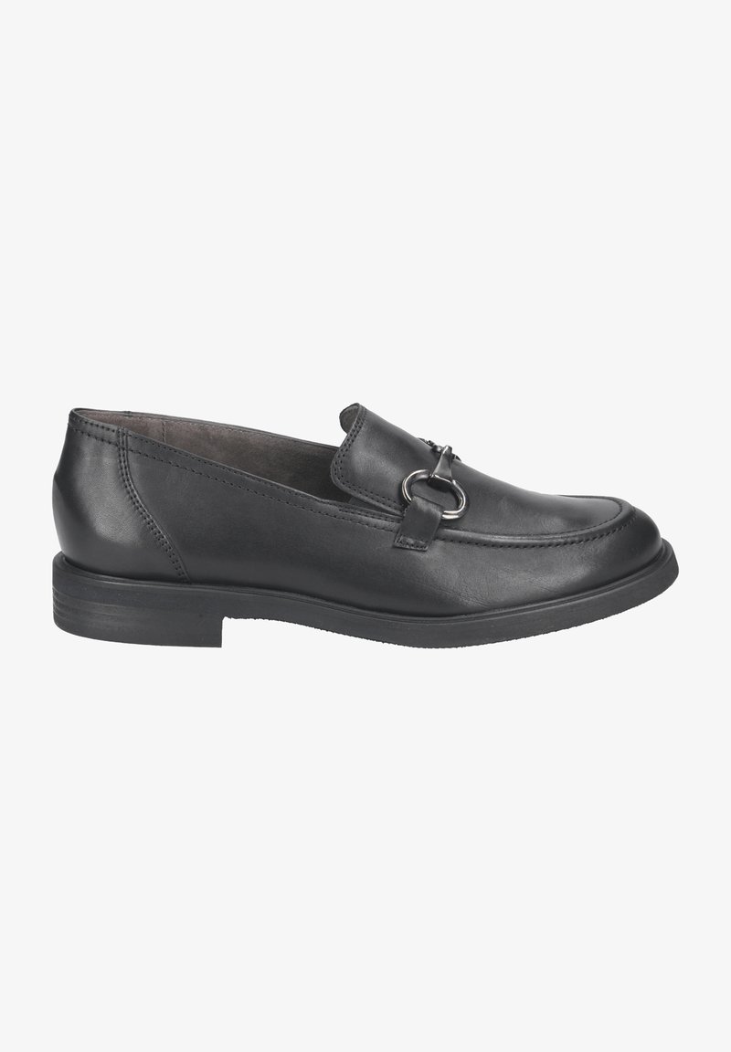 Schwarze Leder-Loafer mit abgerundeter Zehenpartie, dekorativem Ringbeschlag und einem niedrigen, stabilen Absatz. Glatte Textur mit Steppnähten.