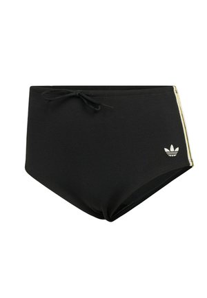Zwarte, high-rise zwembroek met een gestructureerde afwerking, voorzien van een trekkoord in de taille en contrasterende gouden strepen langs de zijkanten.