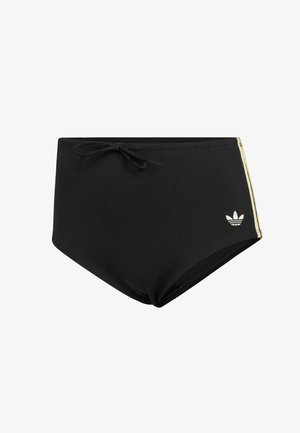 Zwarte, high-rise zwembroek met een gestructureerde afwerking, voorzien van een trekkoord in de taille en contrasterende gouden strepen langs de zijkanten.