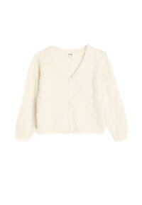 Cardigan bianco fuzzy con scollatura a V, maniche lunghe e tre bottoni sul davanti. Texture morbida e design leggermente cropped.