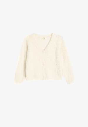 Cardigan bianco fuzzy con scollatura a V, maniche lunghe e tre bottoni sul davanti. Texture morbida e design leggermente cropped.