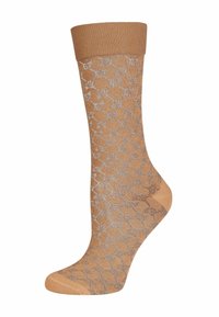 Beige Socken mit einem strukturierten Design, das ein silbernes geometrisches Muster aufweist. Der obere Teil hat einen gerippten Bund für einen sicheren Sitz und Komfort.
