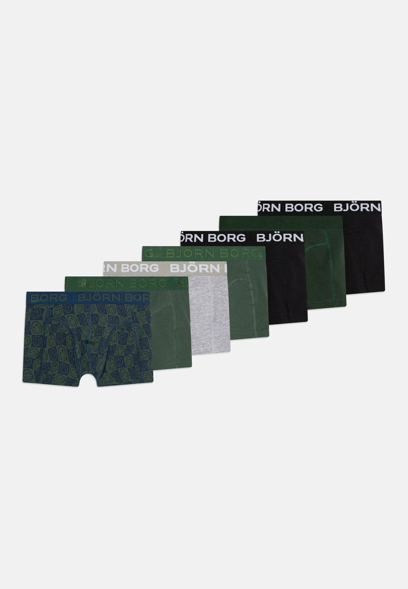 Ensemble de sept boxers de différentes couleurs : vert foncé avec motif, vert foncé uni, gris et noir, avec des ceintures élastiques arborant le logo de la marque.