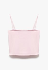 Lyserød cropped top med tynde stropper, lavet af glat stof. Har et enkelt design og lige kant uden udsmykninger.
