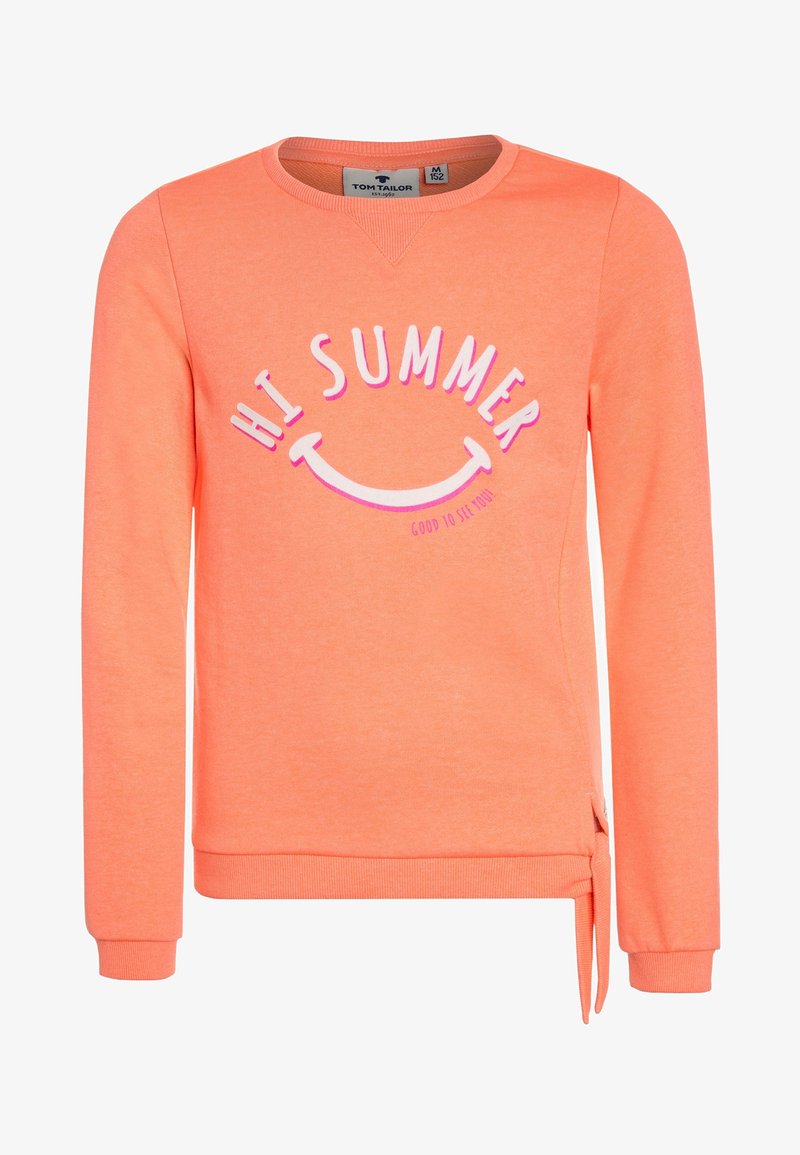 Sweat-shirt orange à manches longues, col rond, avec un graphisme sur le devant "HI SUMMER" et un design de sourire, ainsi qu'un détail de lien sur le côté. Matière en coton douce.