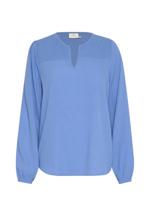 Lichtblauwe blouse met lange mouwen, voorzien van een gerimpeld detail op de schouders, een V-halslijn en elastische manchetten. Zachte, lichte stof.