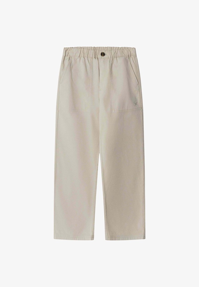 Pantalon en coton beige avec taille élastique, coupe droite, deux poches avant, et un détail brodé subtil à l'arrière.