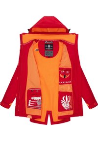 Red waterproof jacket with orange fleece lining. Features multiple interior pockets, a drawstring hood, and visible brand logo.