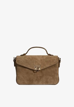 Sac à main en daim marron avec poignée supérieure, fermeture à rabat et fermoir métallique doré gravé "DESA".