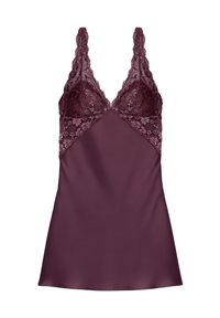 Vestito a sottoveste in satin color prugna con coppe e spalline in pizzo floreale, caratterizzato da una scollatura a V e un corpino aderente.