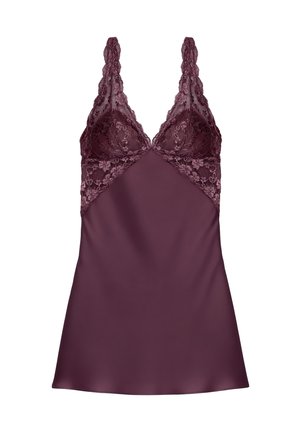 Samtiges, pflaumenfarbenes Unterkleid mit Blumen-Spitzen-Cups und Trägern, mit V-Ausschnitt und tailliertem Oberteil.
