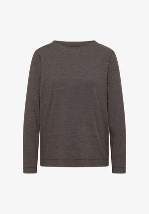 Chemise à manches longues de couleur marron foncé avec de fines rayures horizontales, col rond, coupe décontractée, texture lisse, sans quincaillerie ni accents visibles.