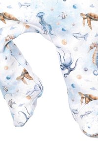 Weiße Strumpfanzüge aus Stoff mit einem Meeresmuster, das Quallen, Schildkröten, Fische, Oktopusse und Blasen in Blau- und Beigetönen zeigt.