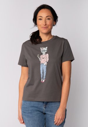 CAT WITH MOUSTACHE - T-shirt imprimé - anthracite