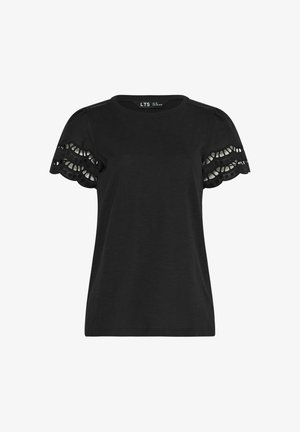 Blusa nera a maniche corte con dettagli in pizzo smerlato e ritagliato sulle maniche e scollo rotondo.