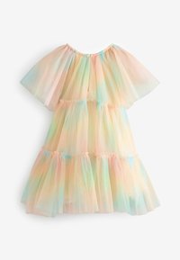 Robe en tulle pastel avec des couches volantes. Dotée de manches courtes et légères, et d'une texture légère et transparente. Fermeture à boutons au dos.