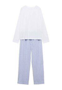 White long-sleeve top with a rounded neckline paired with blue and white striped pajama pants featuring an elastic waistband and loose fit.