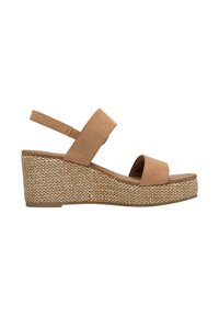 Sandale à talon compensé beige avec une tige en tissu, un design à bout ouvert, et une plateforme en jute tissé. Elle dispose d'une sangle arrière pour le maintien et d'une semelle lisse.