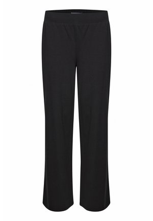 Czarne szerokie spodnie wykonane z miękkiego, elastycznego materiału. Posiadają elastyczny pas i gładką fakturę. Brak widocznych wzorów lub akcentów.