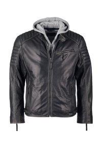 Schwarze Lederjacke mit gesteppter Schulterpartie, Reißverschluss vorne, Brusttasche und darunter angenähter grauer Kapuzenpullover.