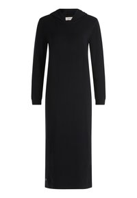 Svart långärmad klänning med huva, med rak skärning och ribbade ärmslut, designad för avslappnad användning.