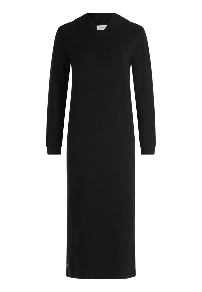 Svart långärmad klänning med huva, med rak skärning och ribbade ärmslut, designad för avslappnad användning.