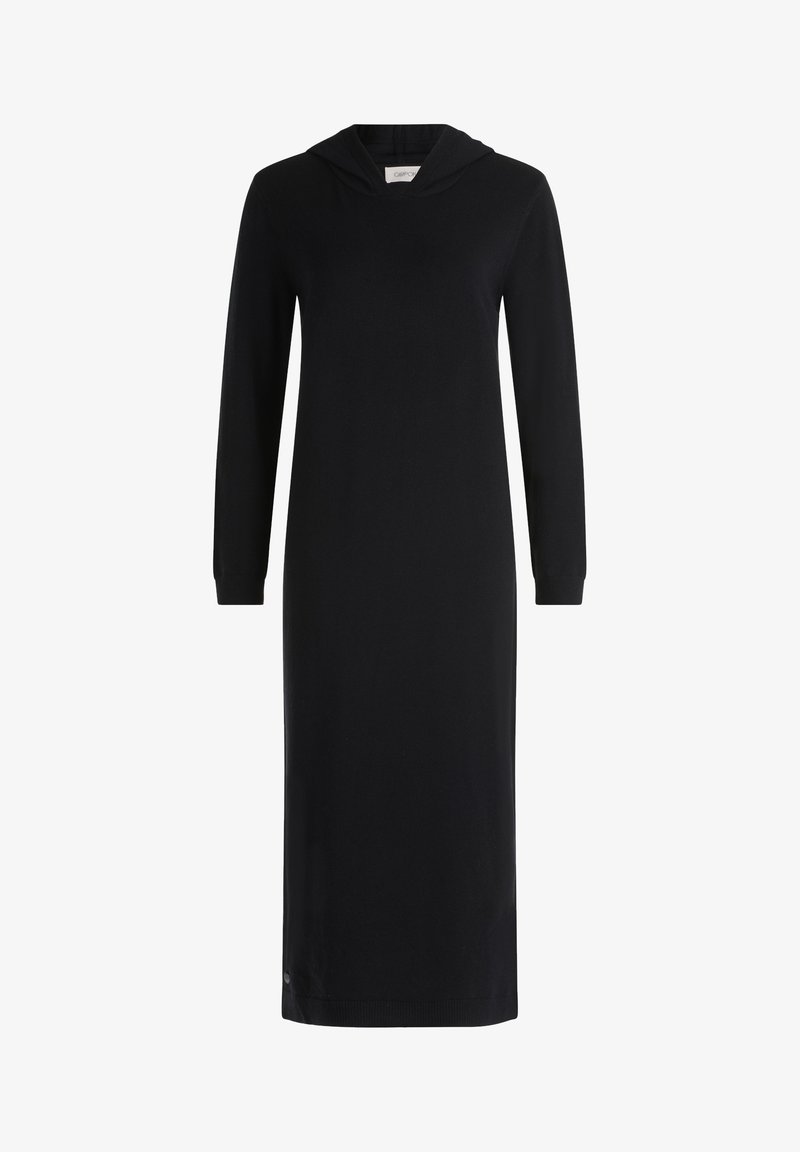 Svart långärmad klänning med huva, med rak skärning och ribbade ärmslut, designad för avslappnad användning.