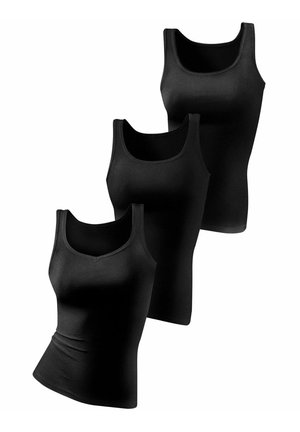 Three plain black sleeveless tank tops are stacked diagonally on a white background, showing front view and scoop necklines.